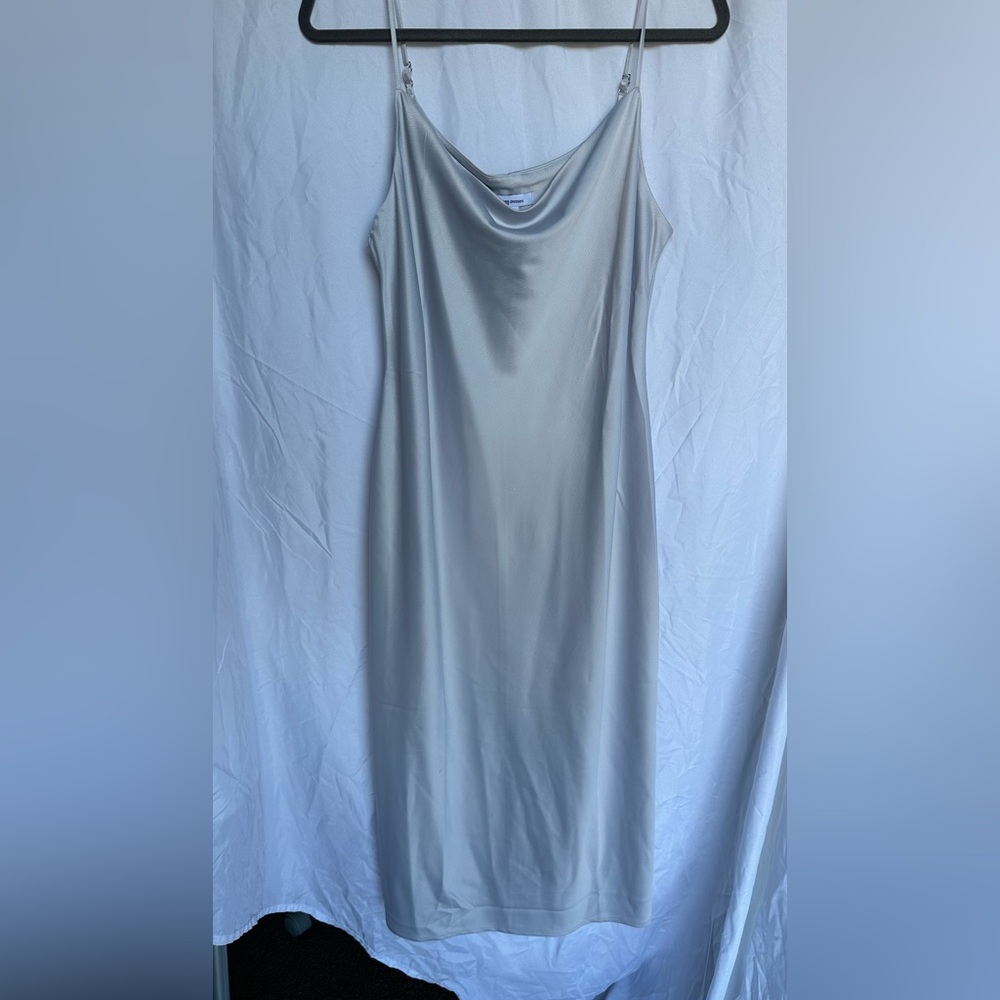 Silver/Blue Draped Neck Satin Dress